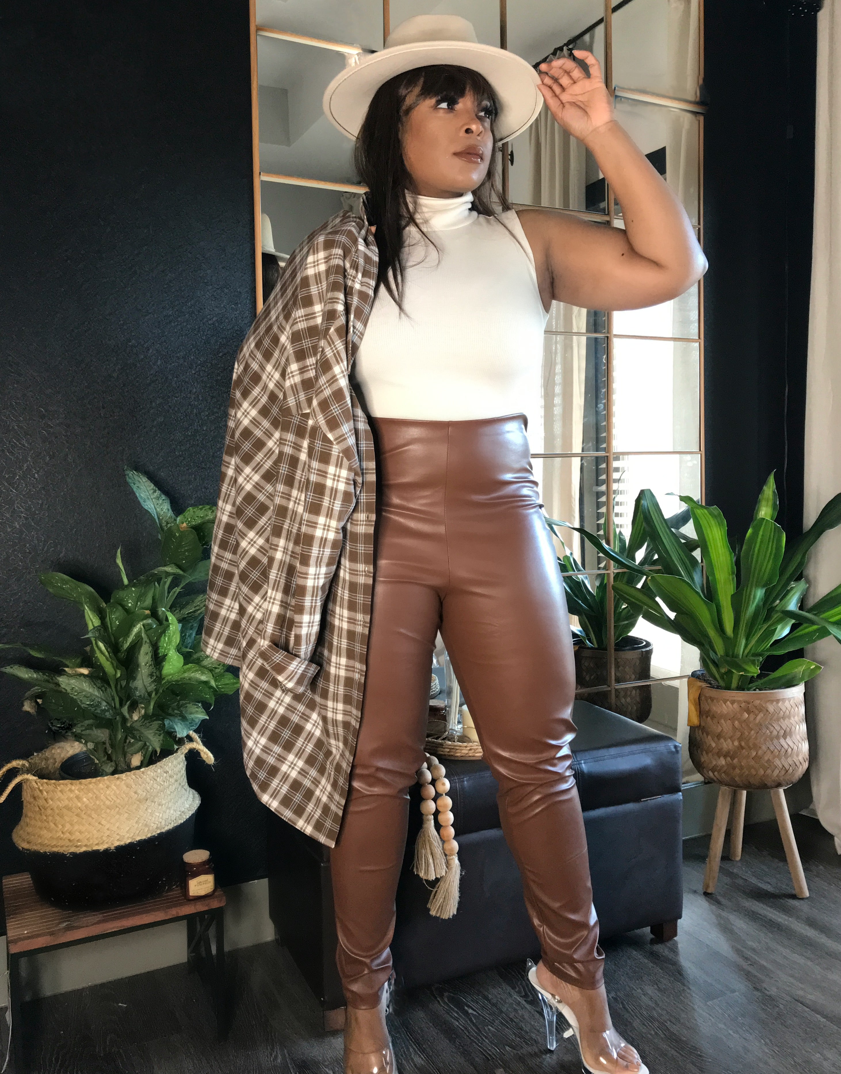 FAUX THE NIGHT Faux Brown Leather Pants