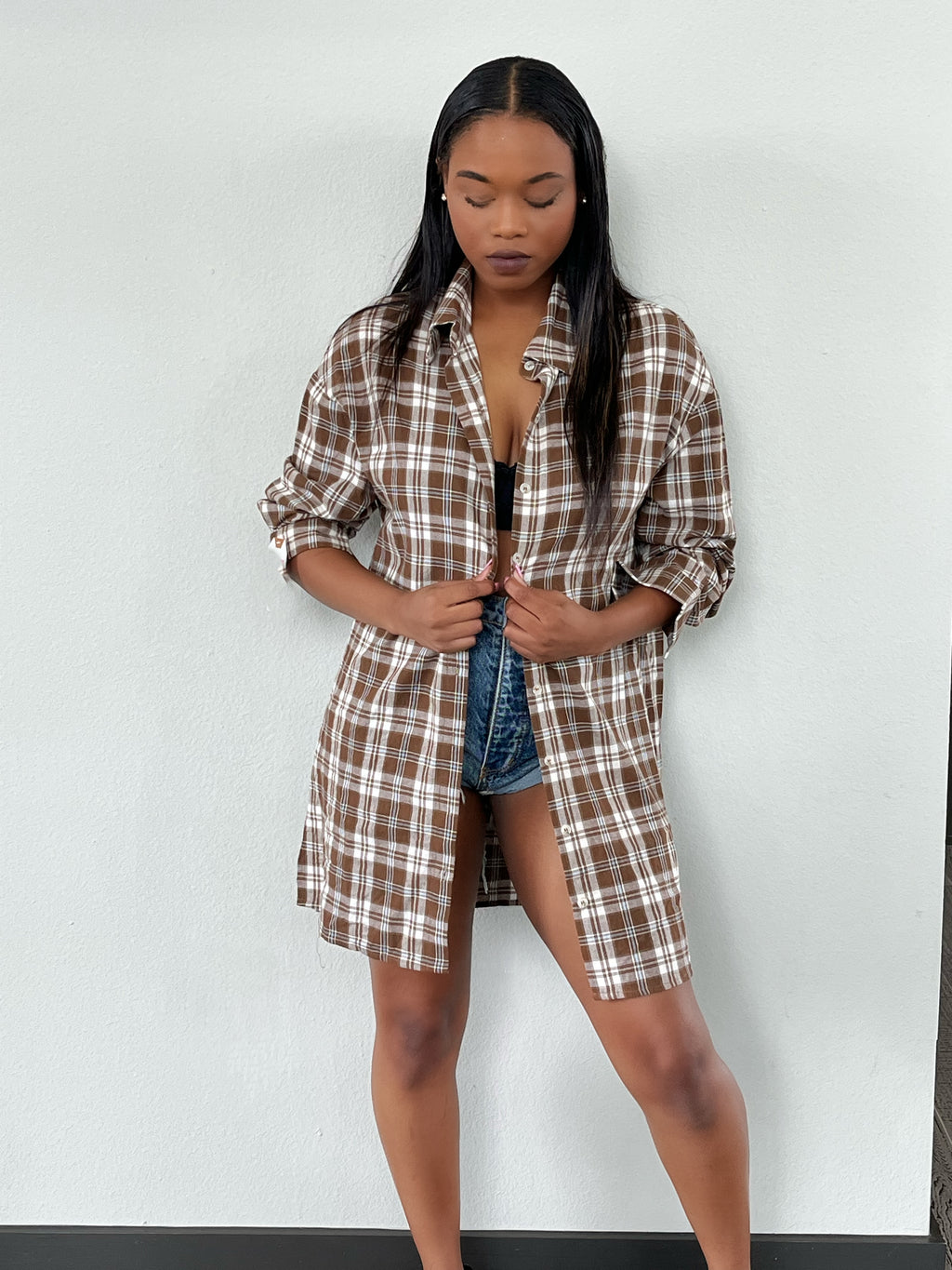 CHECKING IN Oversized Plaid Button Up Shirt (Brown)